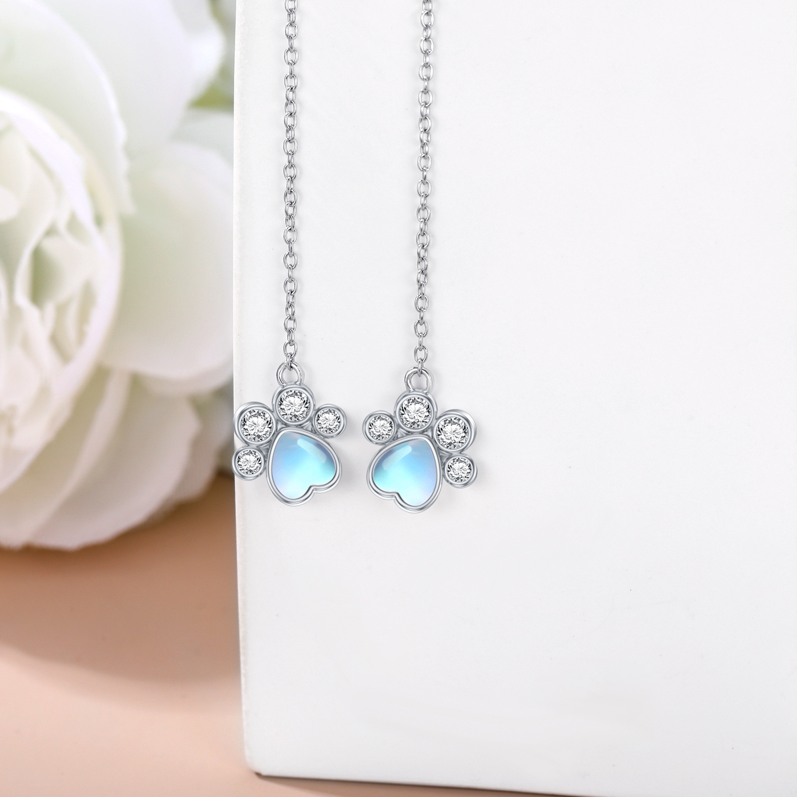 925 Sterling Silver Moonstone Paws Threader Earrings, Gift for Her